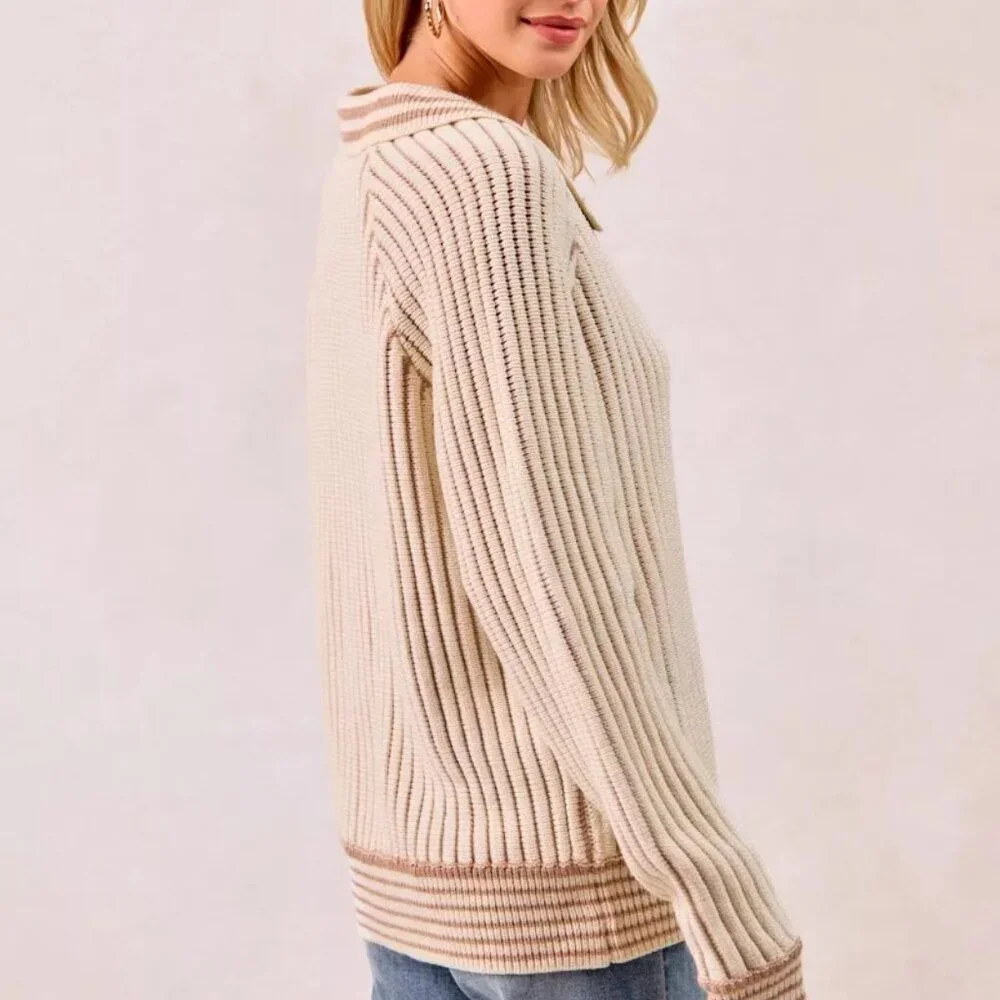 BiBi Half Button Ribbed Two Tone Sweater - Picture 7 of 16